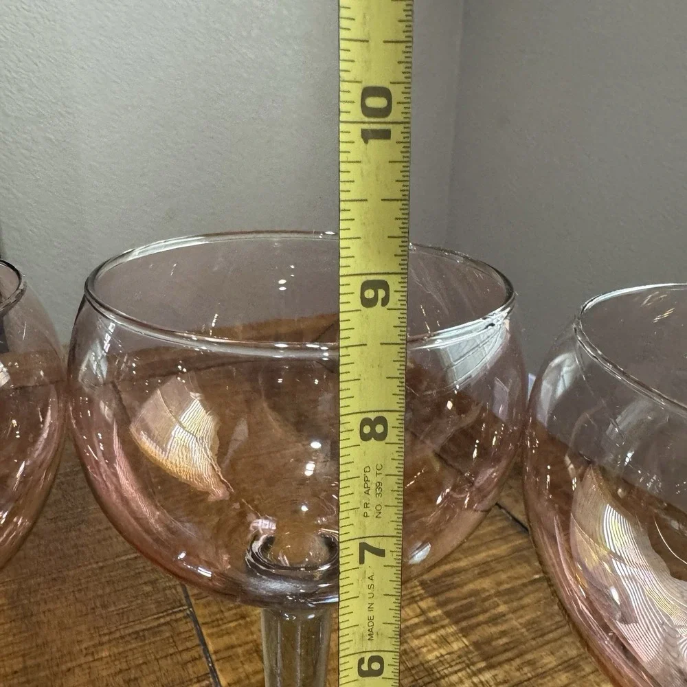 3 Vintage Pink Balloon Wine/Water‎ Hand Blown Glasses Green Stem Large 8.5
